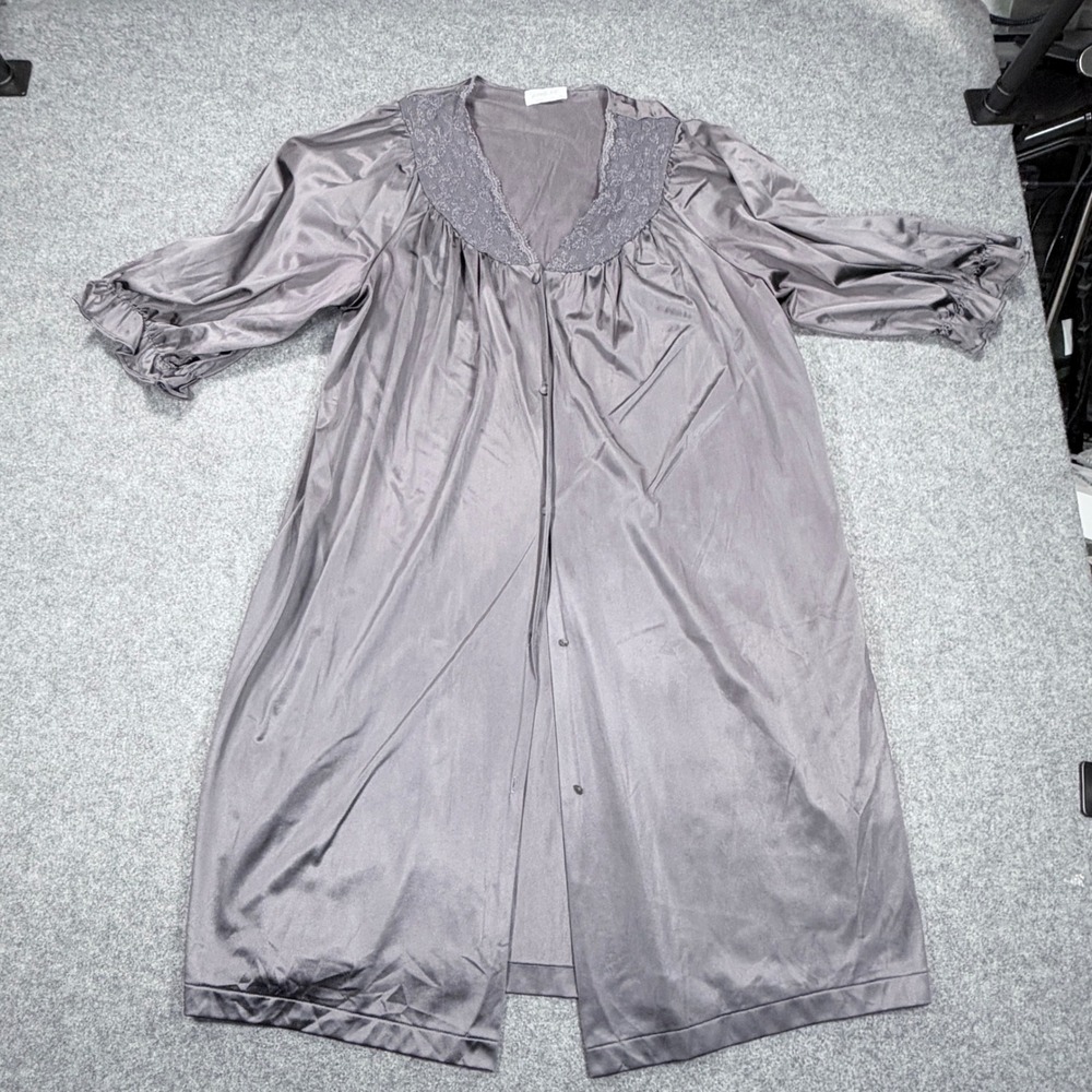 Vintage Vanity Fair Gray Satin Lace Trim Robe Button Front Ruffle Sleeve Large
